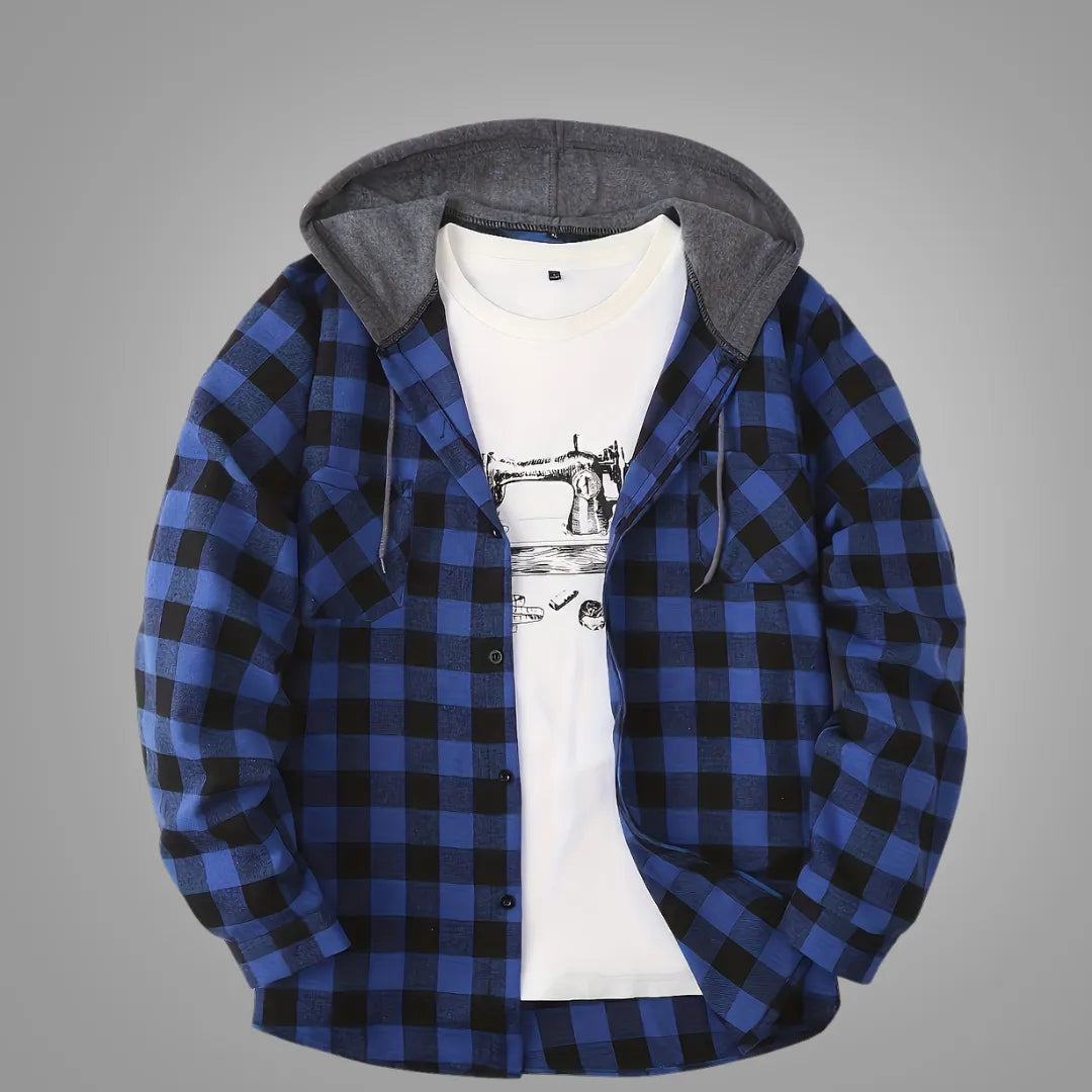 Men’s Sporty Hooded Sweatshirt – Red Plaid Design with Button Front